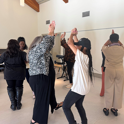 Vocal students having fun at singer circle workshop